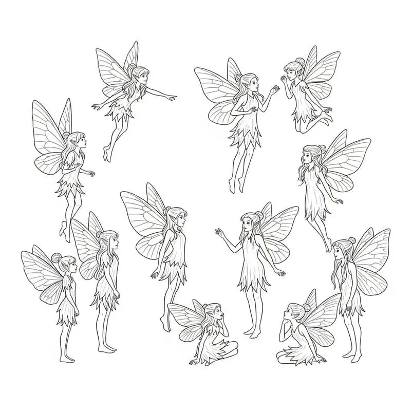 Desenho de várias fadas com asas em diferentes poses, prontas para colorir.
