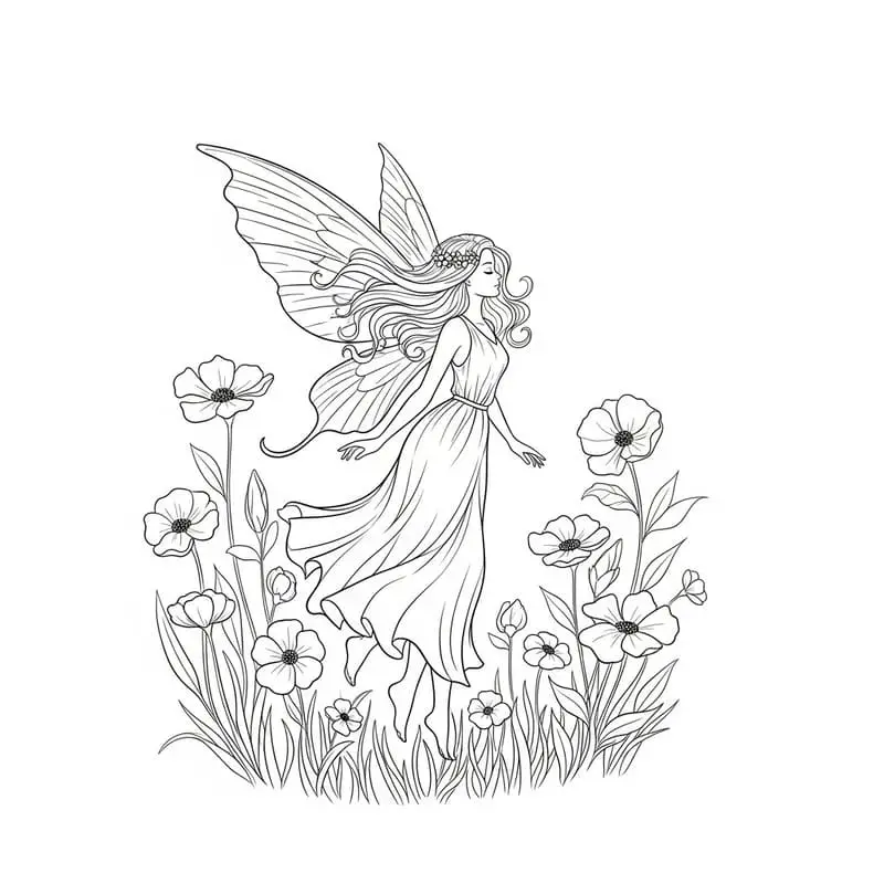 Desenho de uma fadinha com asas e vestido longo, cercada por flores em um jardim, ideal para colorir.