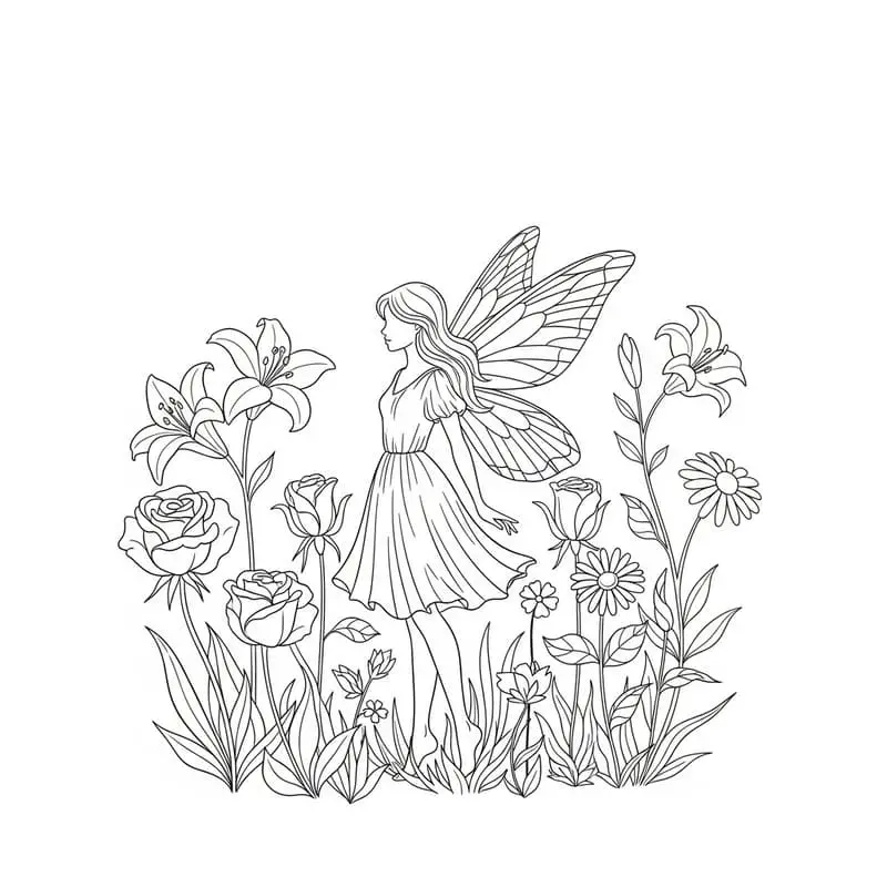Desenho de uma fada com asas de borboleta em meio a um jardim de rosas, margaridas e lírios.