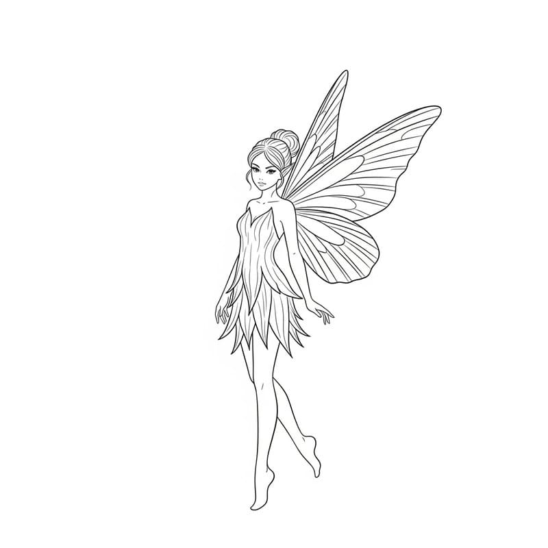 Desenho de uma fadinha para colorir, com asas detalhadas e vestido de folhas.