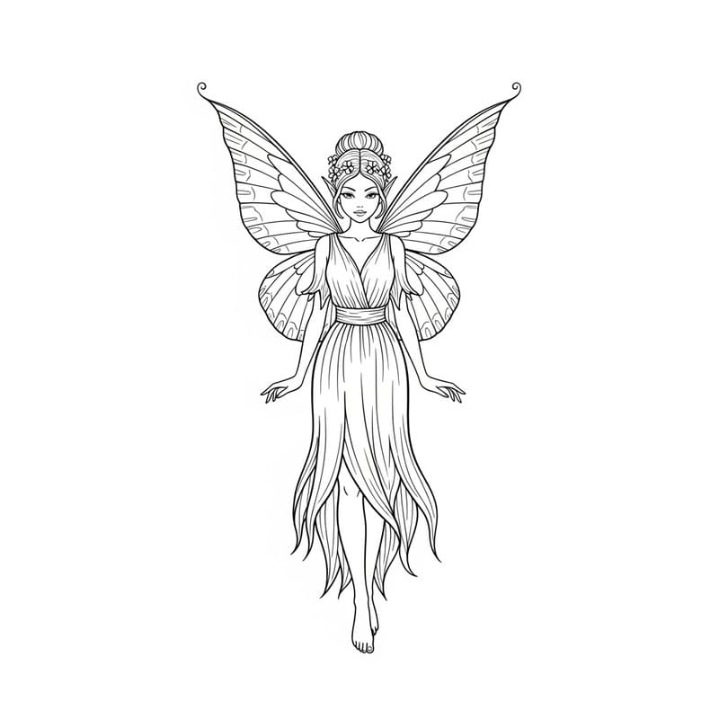 Desenho de uma fada com asas e vestido longo, pronta para colorir.