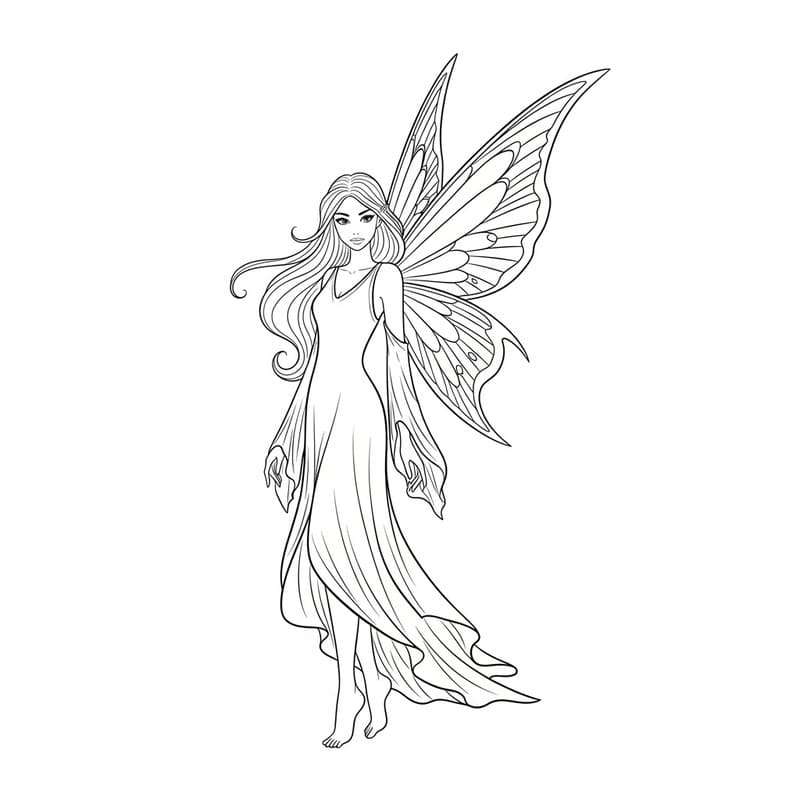 Desenho de uma fada elegante com asas detalhadas, pronta para colorir.