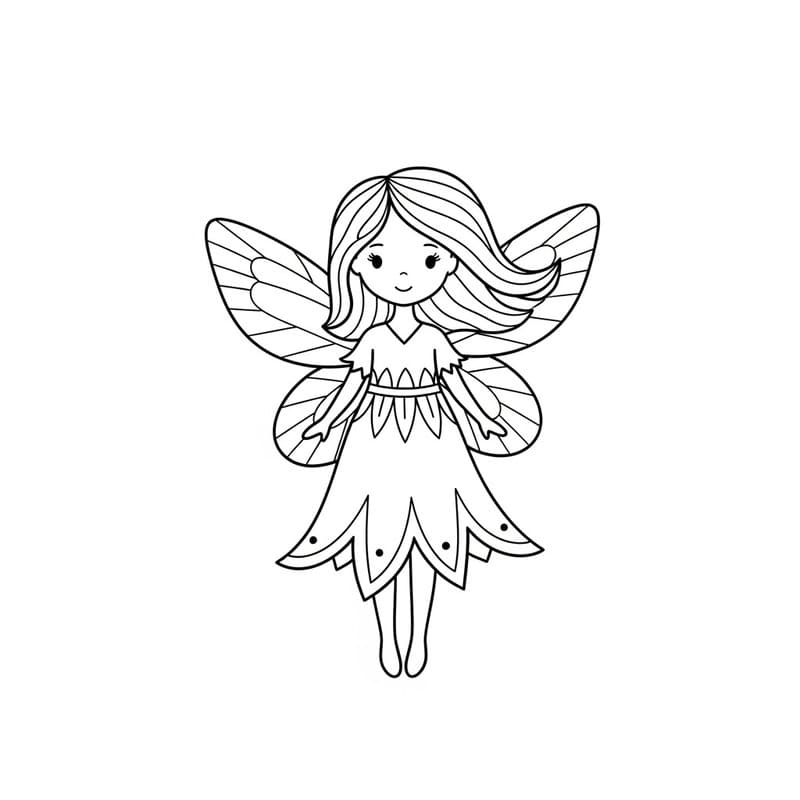 Desenho de uma fadinha sorrindo, com asas e vestido floral, pronto para colorir.