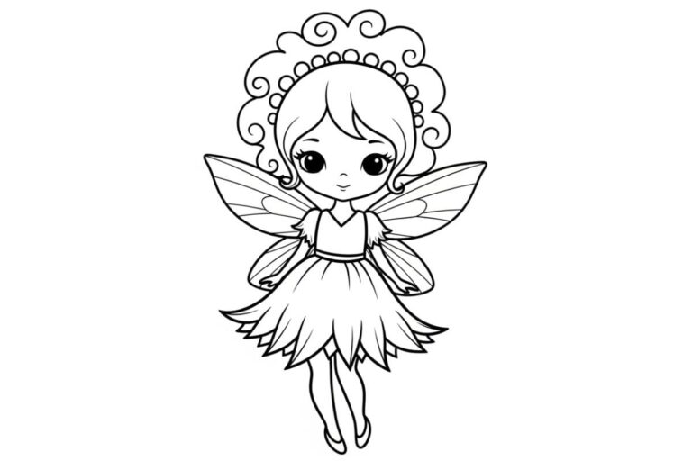 Desenho de uma fadinha sorrindo, com asas, vestido de pétalas e adorno de cachos na cabeça, pronta para colorir.