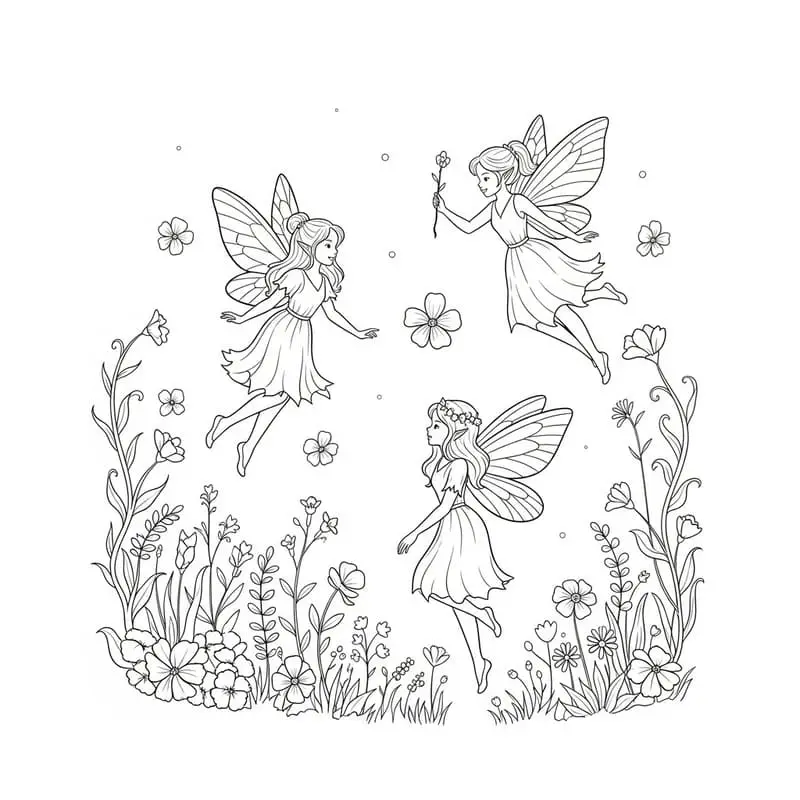 Desenho de três fadas com asas voando entre flores em um jardim, pronto para colorir.