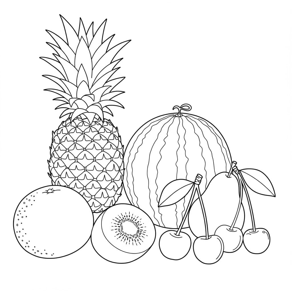 Desenho de contorno de diversas frutas, incluindo abacaxi, melancia e cerejas, prontas para colorir.
