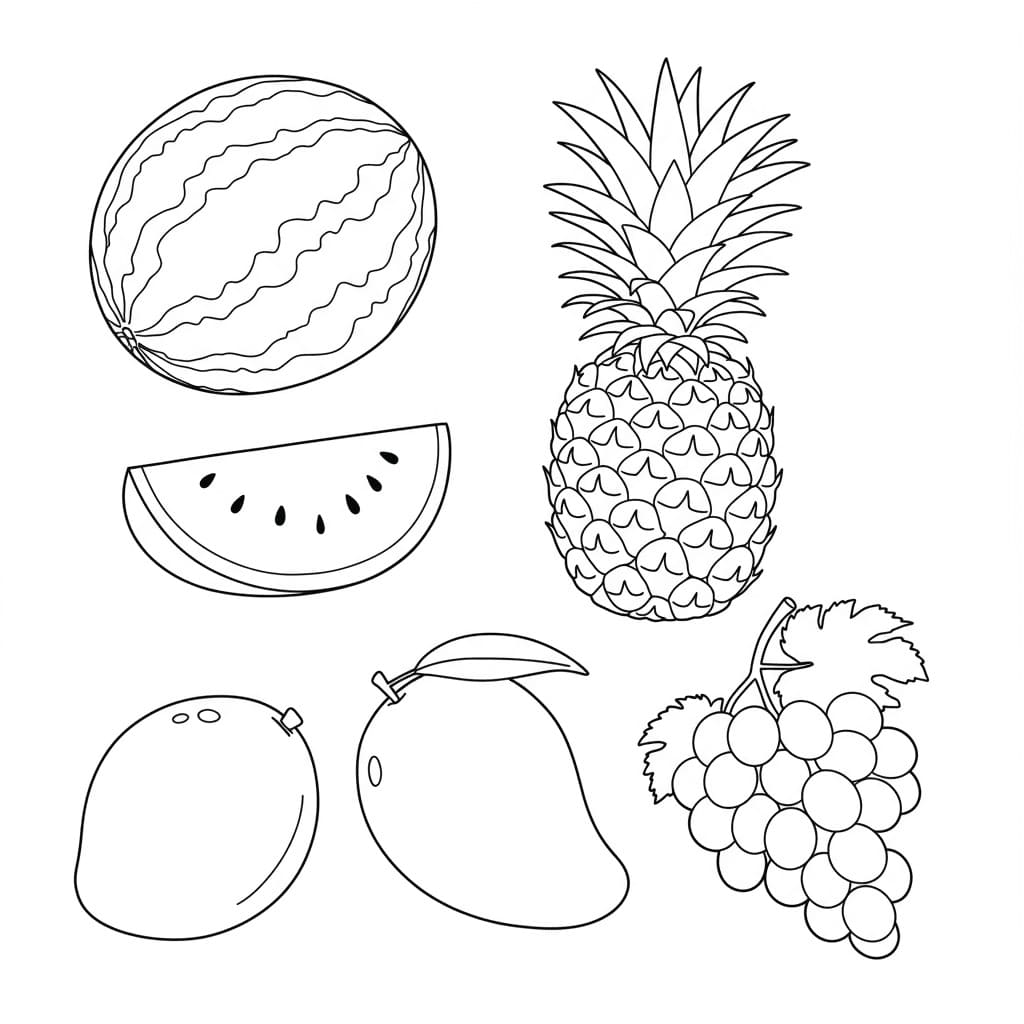 Desenho de contorno de frutas diversas como abacaxi, melancia, uva e manga, pronto para colorir.
