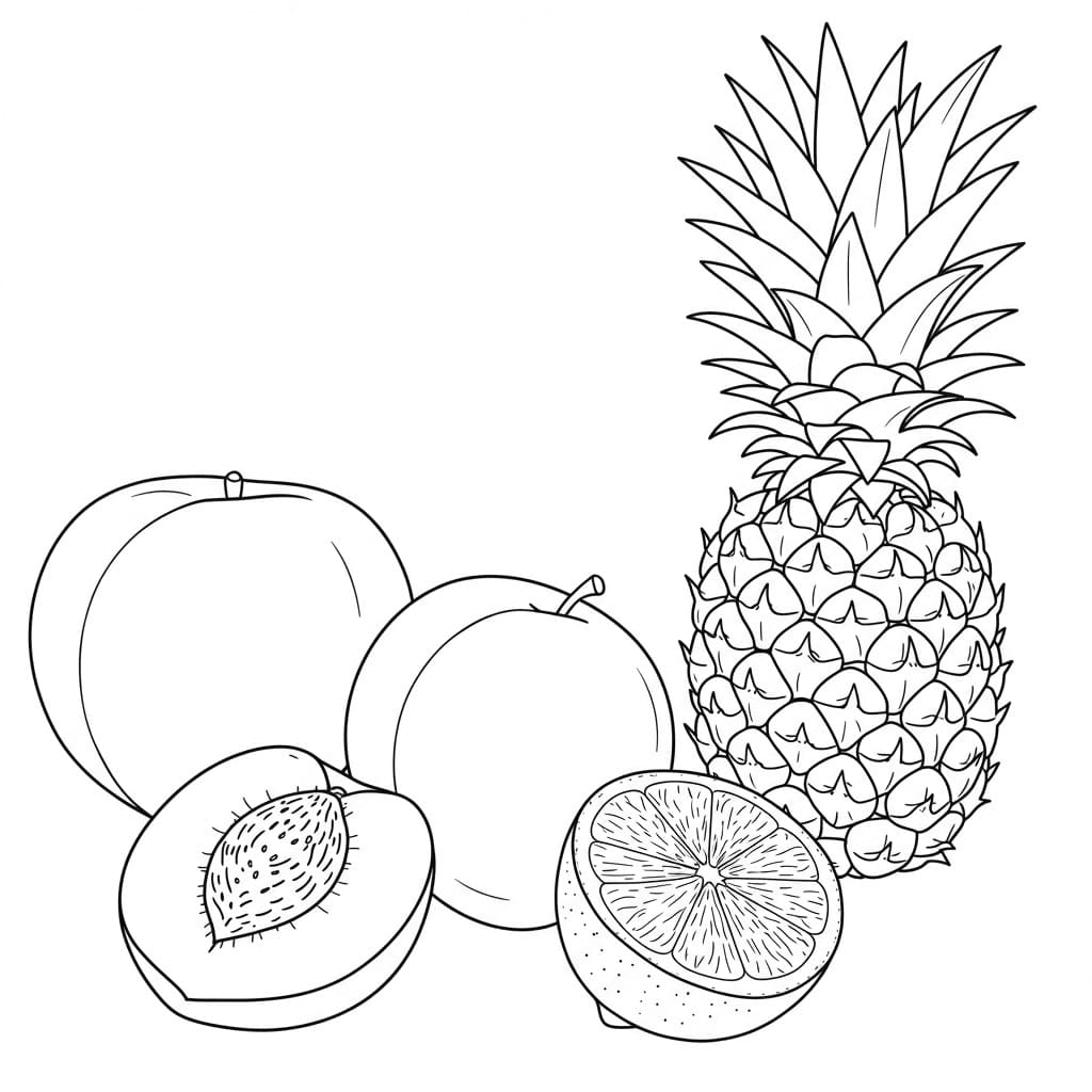 Desenho de frutas para colorir: abacaxi, pêssegos e uma laranja cortada.