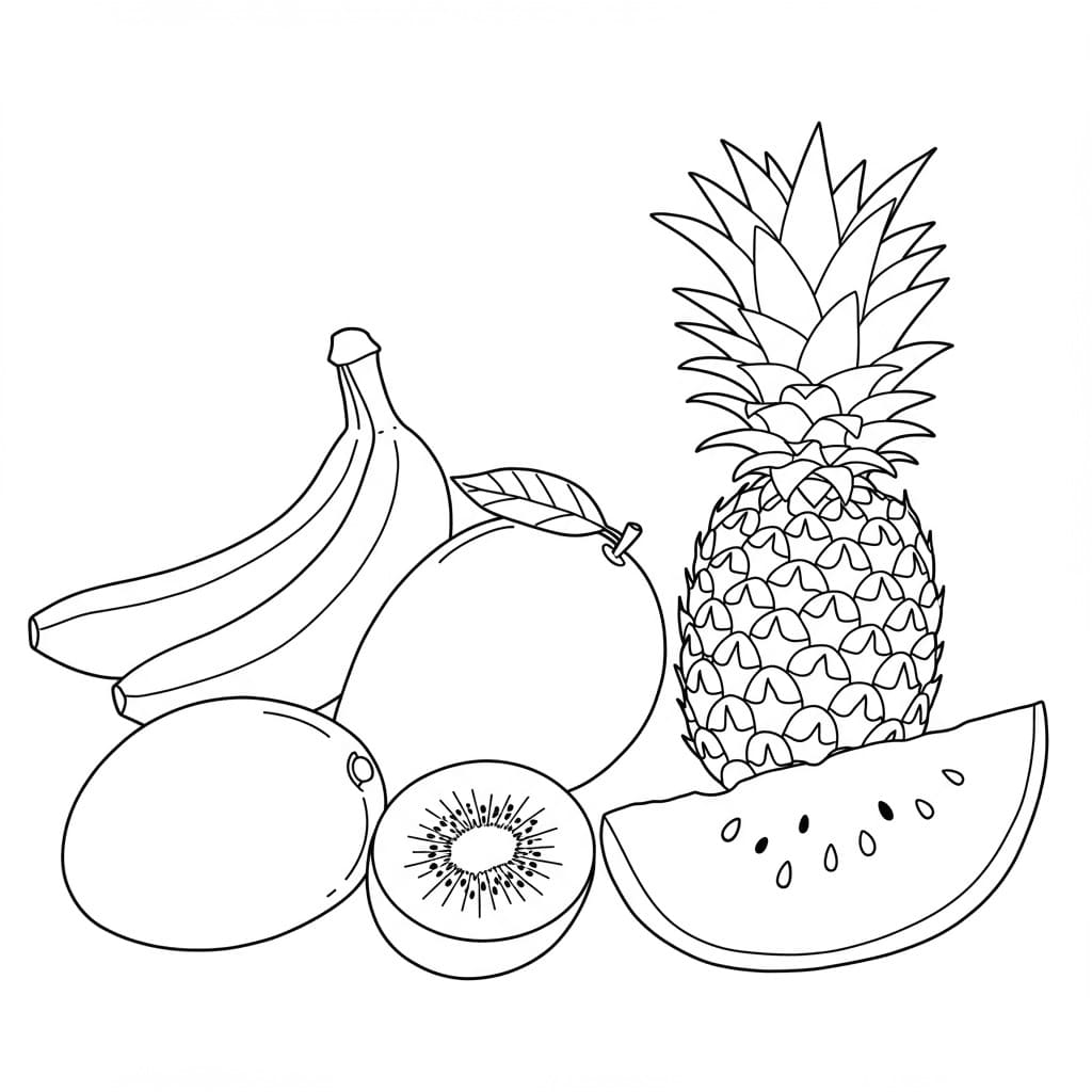 Desenho de frutas em preto e branco para colorir, incluindo banana, manga, melancia, abacaxi e kiwi.