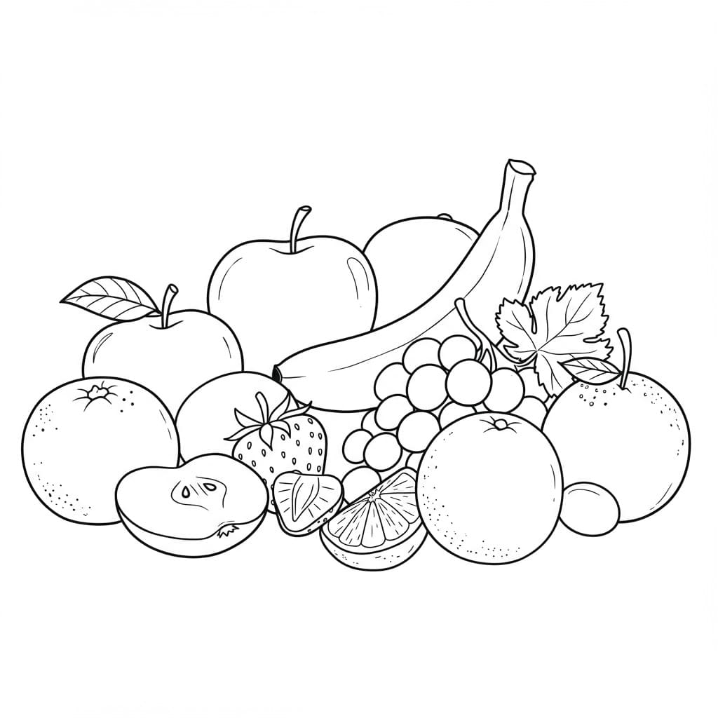 Desenho de frutas para colorir com maçãs, banana, uvas, morangos e laranjas em estilo de linha.