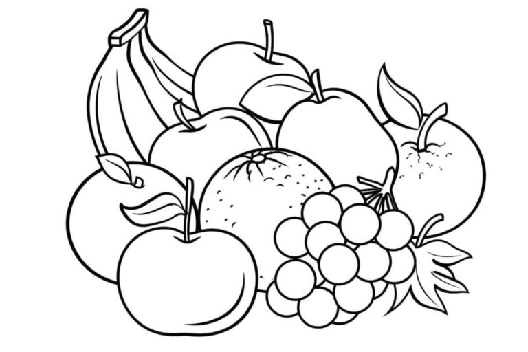 Desenho em vetor de diversas frutas prontas para colorir, incluindo bananas, maçãs, uvas e laranjas.