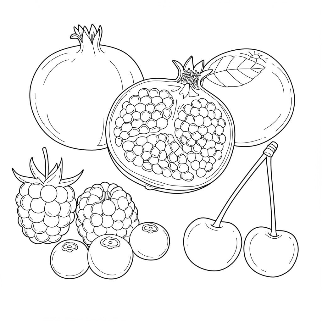 Desenho em vetor simples de diversas frutas, incluindo romã, framboesa, amora, mirtilo e cereja, em preto e branco para colorir.