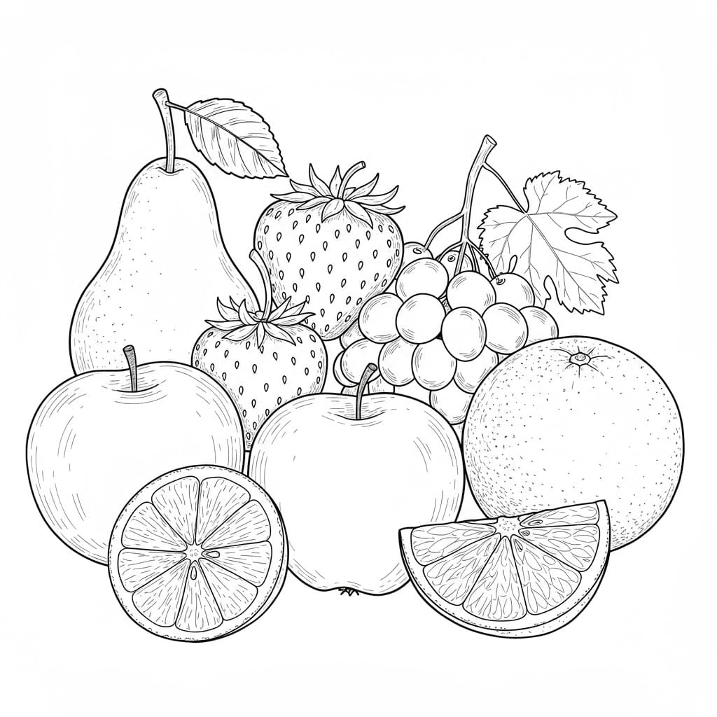Desenho em vetor de diversas frutas em preto e branco, prontas para colorir.