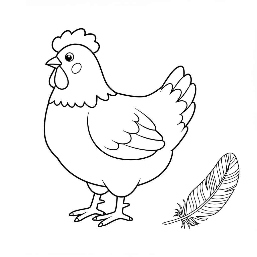 Desenho de uma galinha para colorir, com um esboço de pena ao lado.