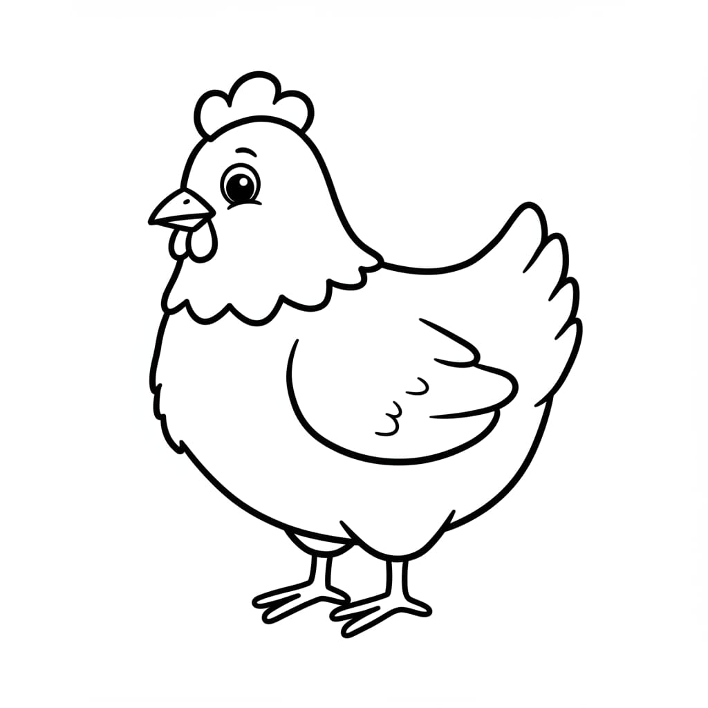 Desenho de uma galinha em preto e branco, pronta para colorir, com traços simples e amigáveis.