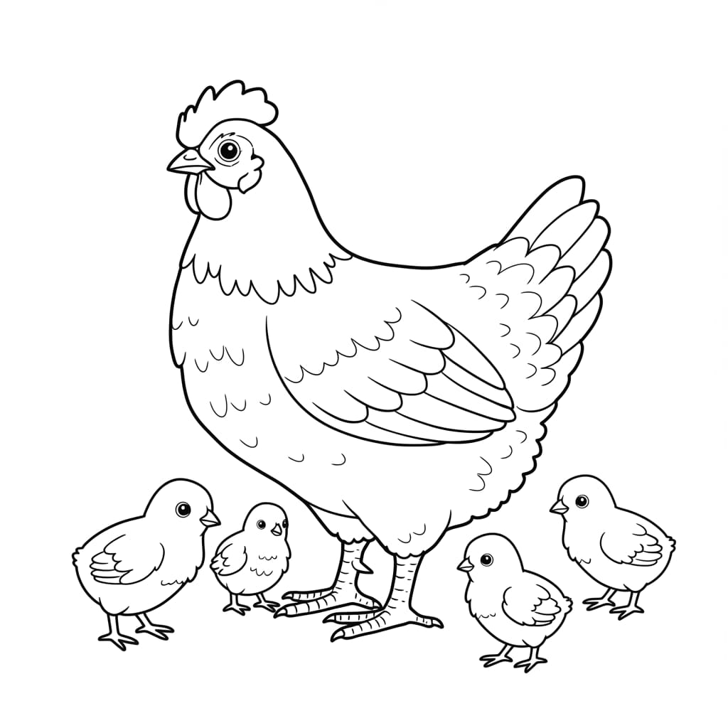 Desenho de contorno de uma galinha adulta com quatro pintinhos ao seu redor.