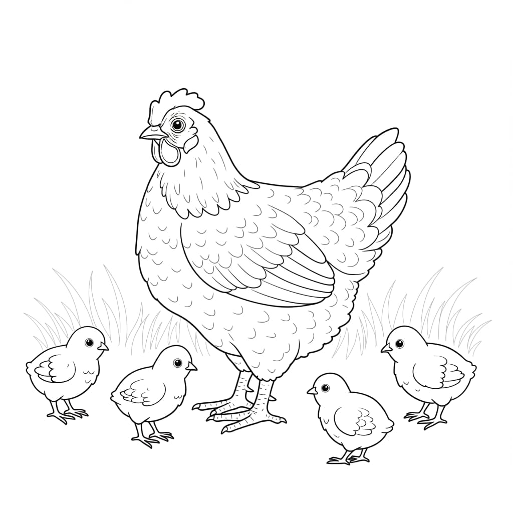 Desenho para colorir de uma galinha mãe protegendo seus quatro pintinhos.