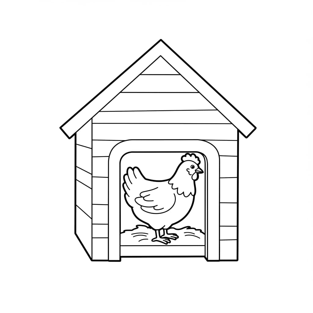 Desenho de uma galinha dentro de um galinheiro, pronto para colorir.