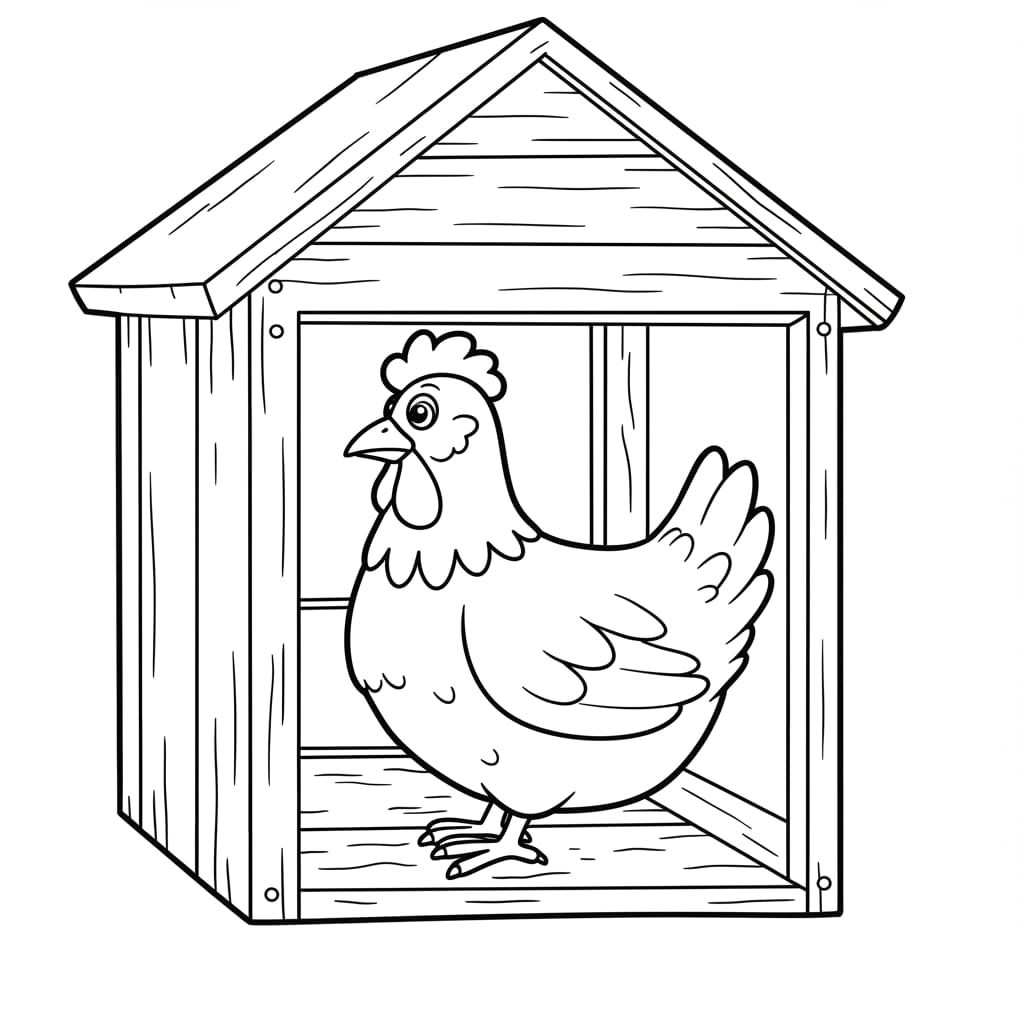 Desenho de uma galinha dentro de um galinheiro, em preto e branco, pronta para colorir.