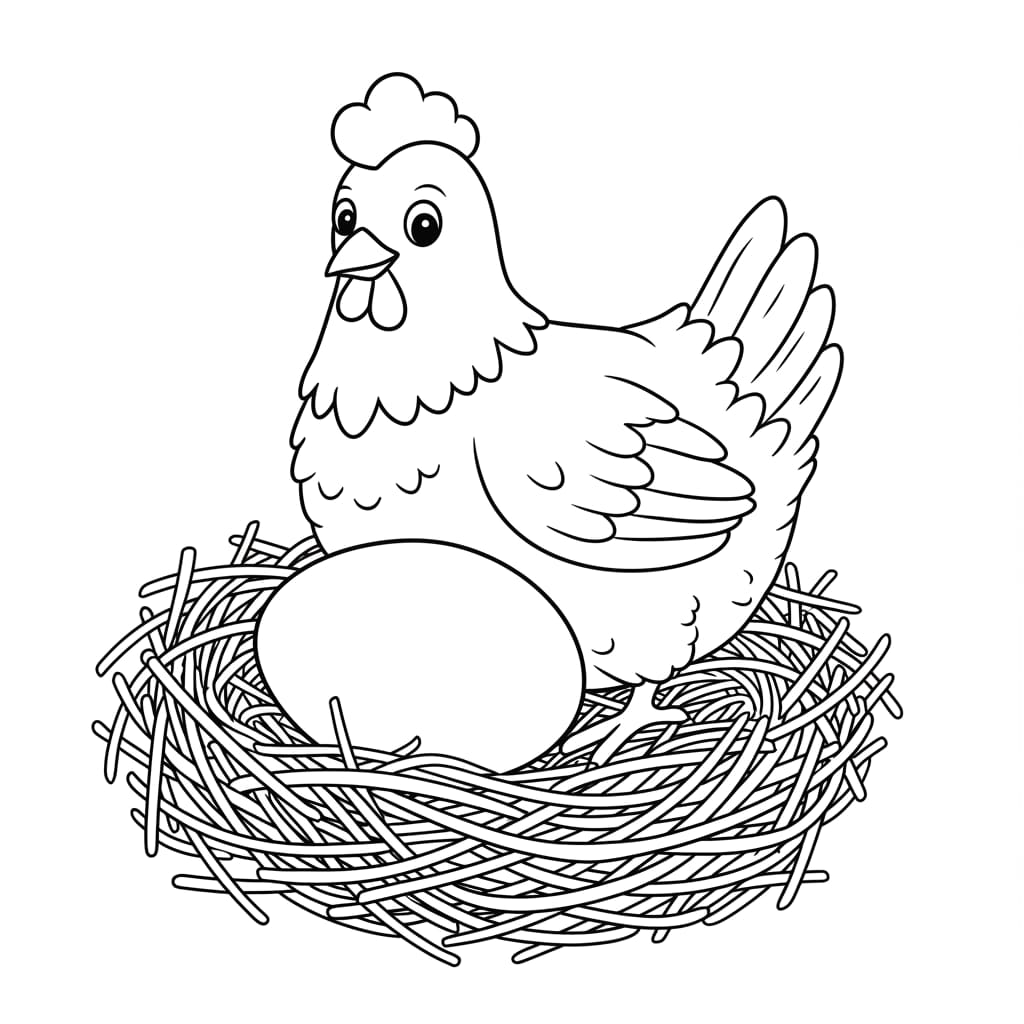 Desenho de uma galinha em um ninho com um ovo, pronto para colorir.