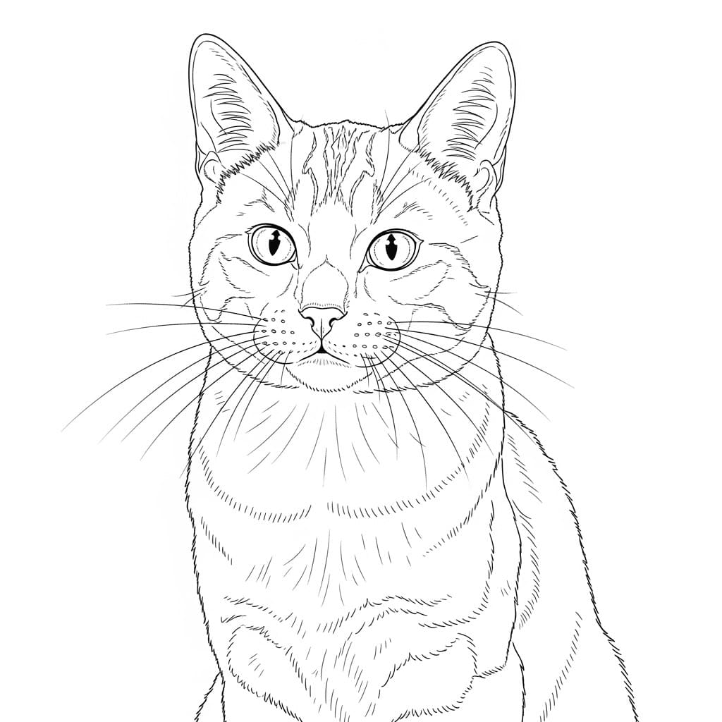 Desenho detalhado de um gato realista pronto para colorir.