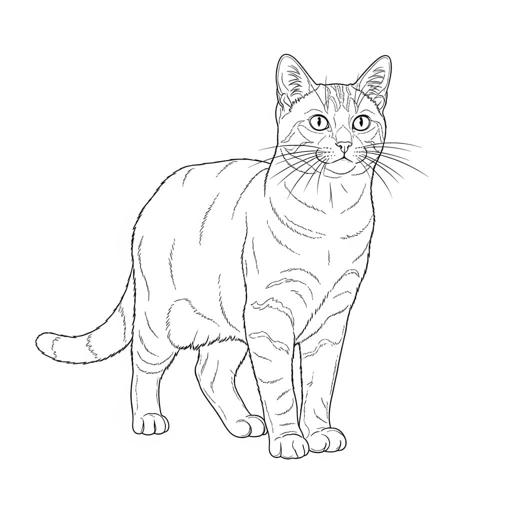 Desenho em preto e branco de um gato tigrado realista, pronto para colorir.