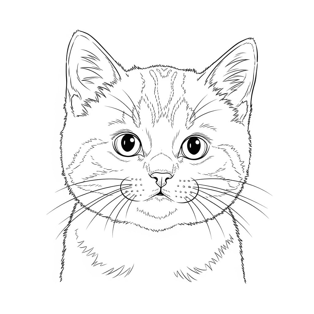 Desenho de um gato realista com grandes olhos redondos, pronto para colorir.