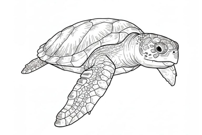 Desenho de uma tartaruga marinha em preto e branco, pronta para colorir.