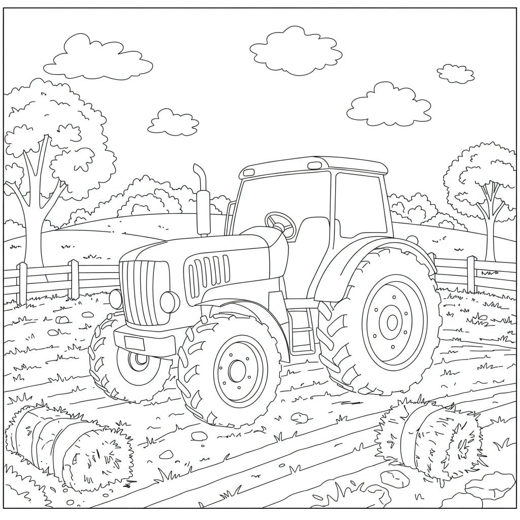 Desenho de um trator em preto e branco em uma fazenda, pronto para colorir.