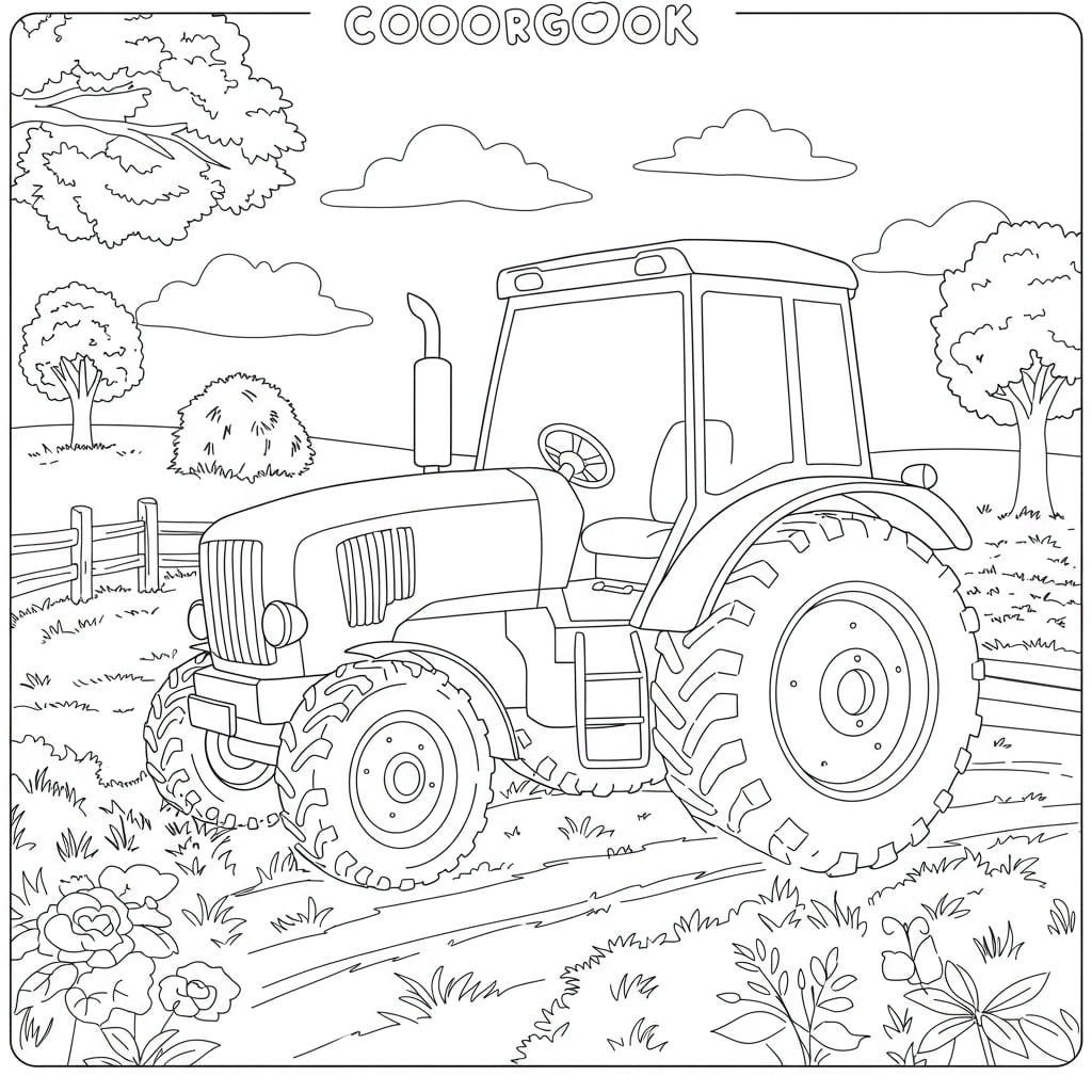 Desenho de trator em preto e branco pronto para colorir, em um cenário de fazenda com árvores e campo.