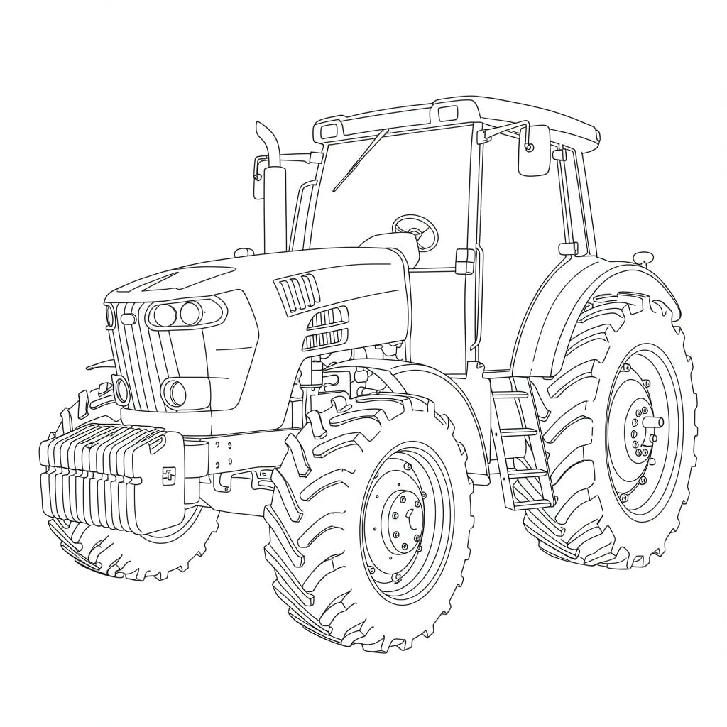 Desenho de um trator grande com pneus robustos, pronto para ser colorido.