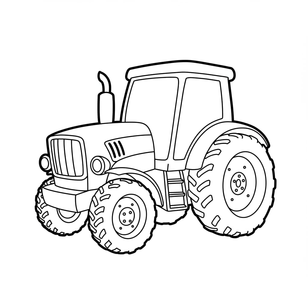 Desenho de um trator em preto e branco, pronto para colorir.