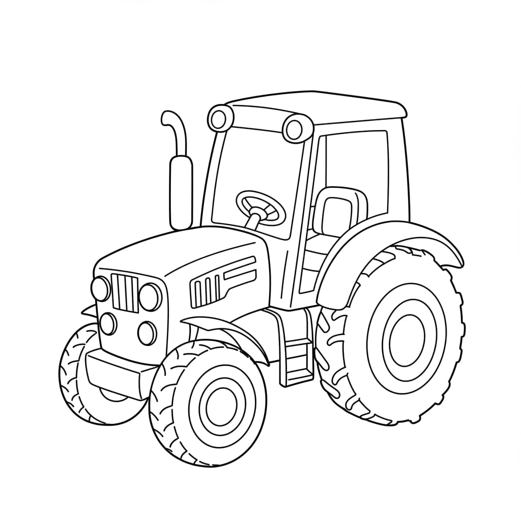 Desenho de um trator para colorir, mostrando uma máquina agrícola com cabine, pneus grandes e detalhes lineares.