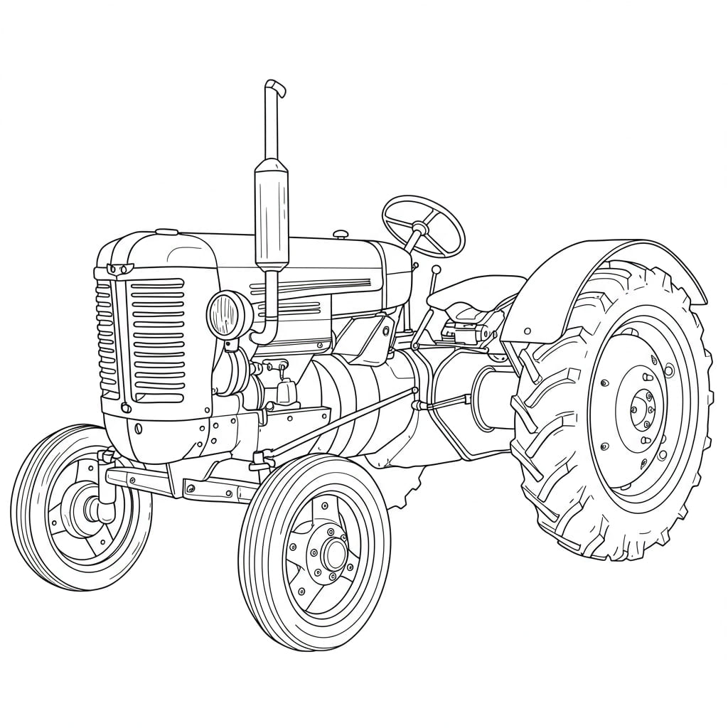Desenho de um trator antigo em preto e branco, pronto para colorir.