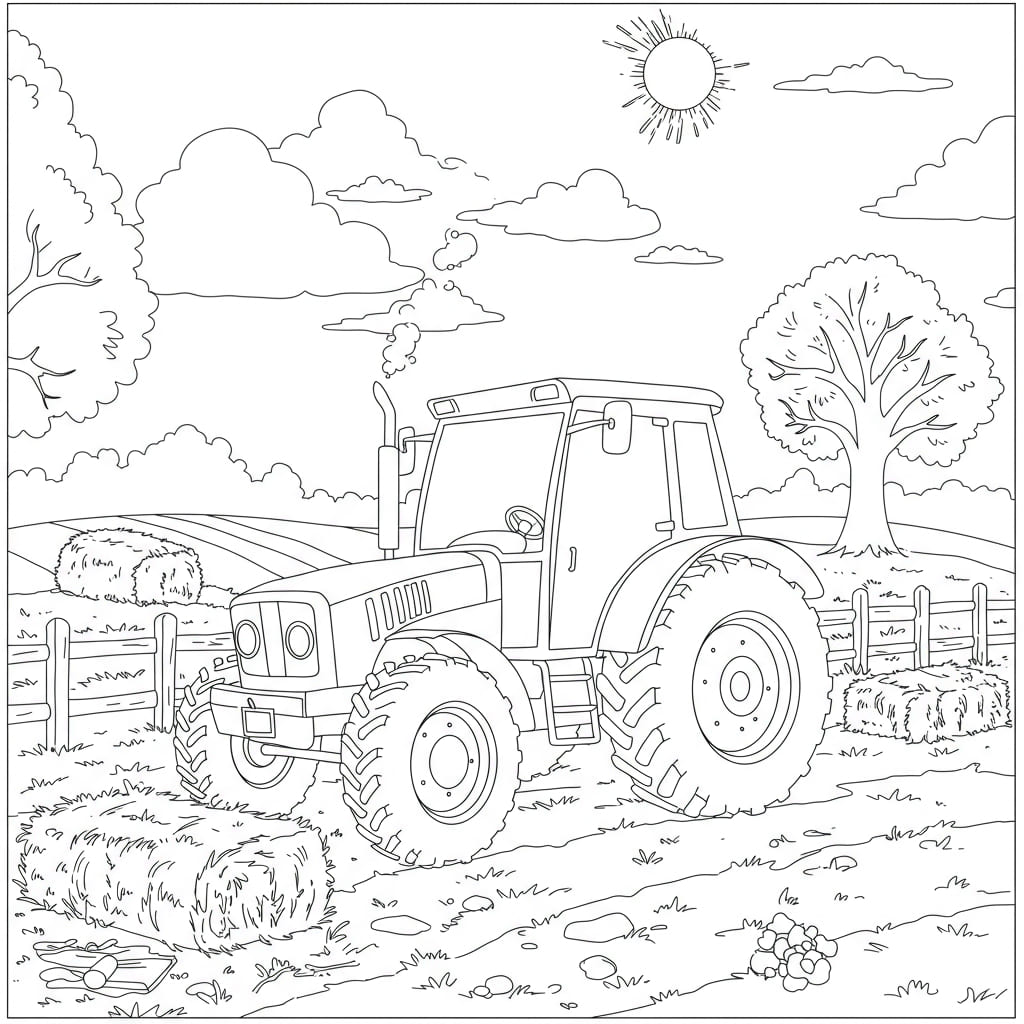 Desenho em preto e branco de um trator em uma fazenda, pronto para colorir.
