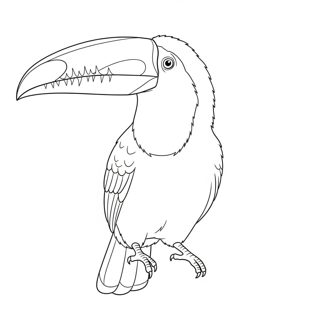 Desenho de um tucano em preto e branco, pronto para colorir.