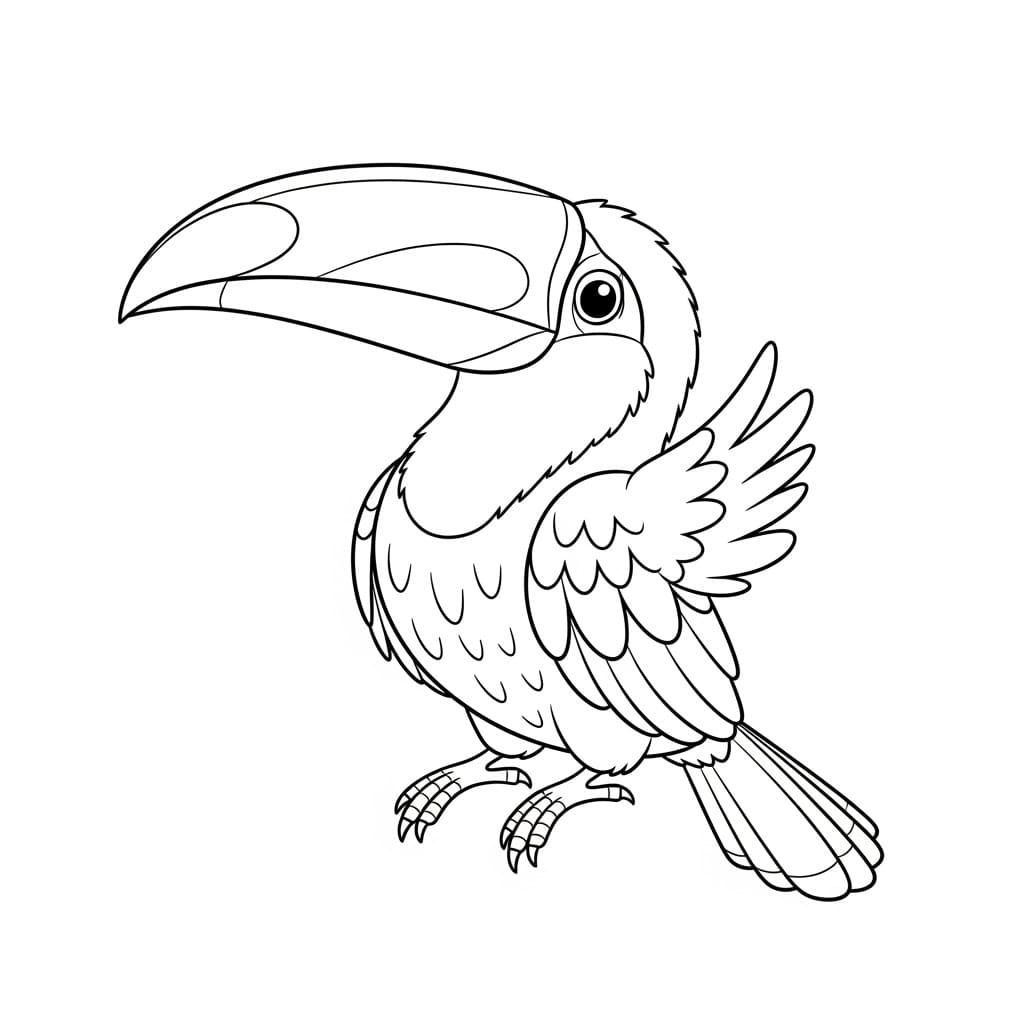 Desenho de um tucano em preto e branco, pronto para colorir.