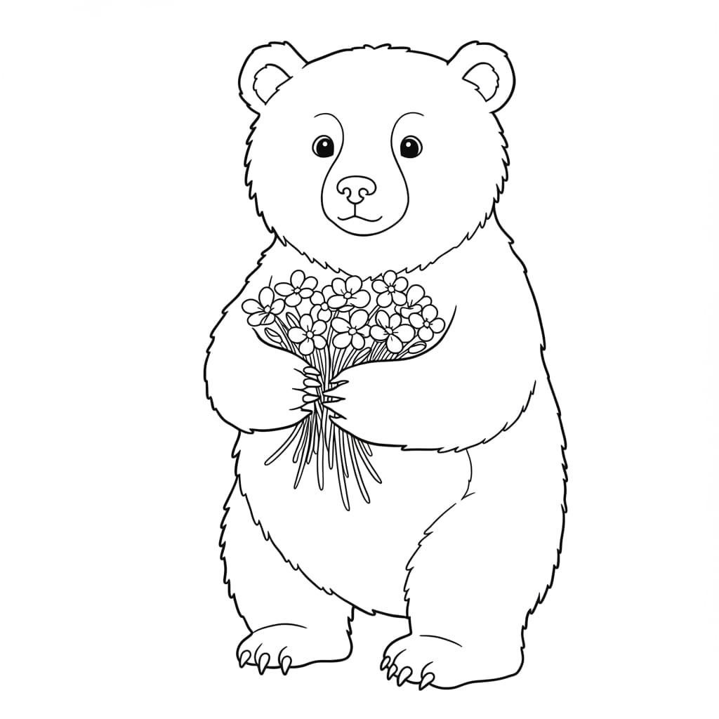 Desenho de um urso em pé segurando um buquê de flores para colorir.