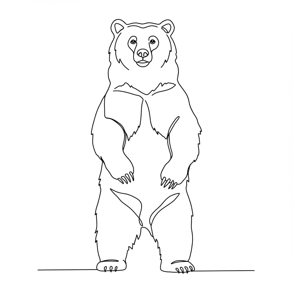 Desenho de um urso em pé, pronto para colorir, com contorno preto e fundo branco.