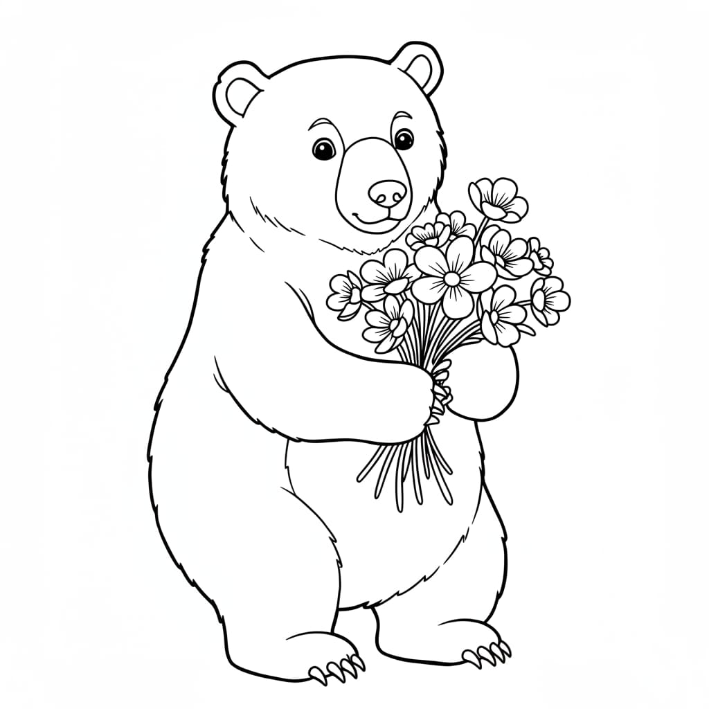 Desenho de um urso em pé segurando um buquê de flores.
