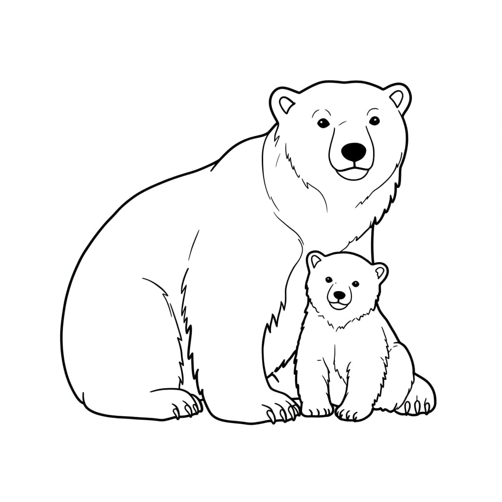 Desenho para colorir de uma ursa mãe e seu filhote sentados lado a lado.