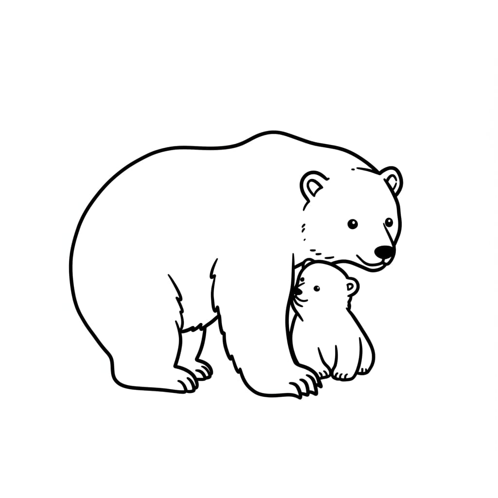 Desenho de contorno de uma ursa protegendo seu filhote.