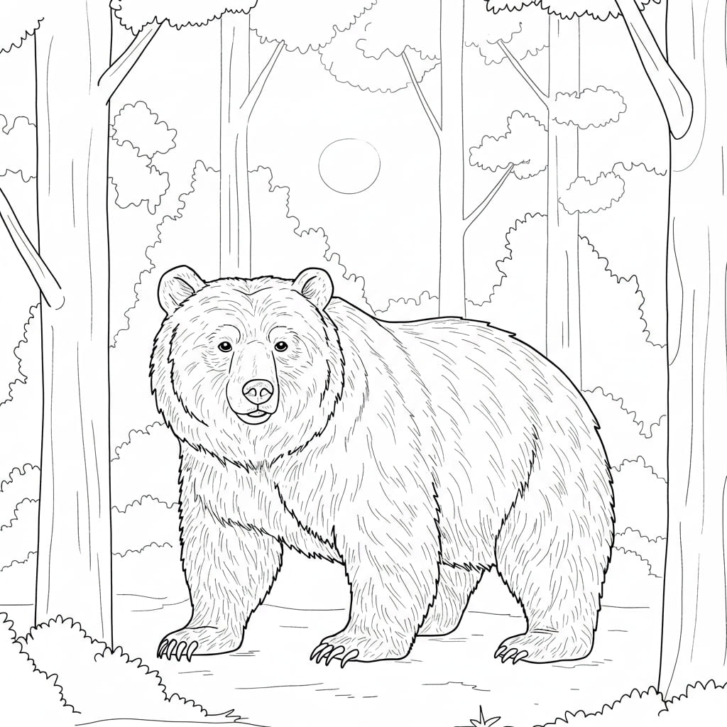 Desenho de um urso em pé na floresta, pronto para colorir.