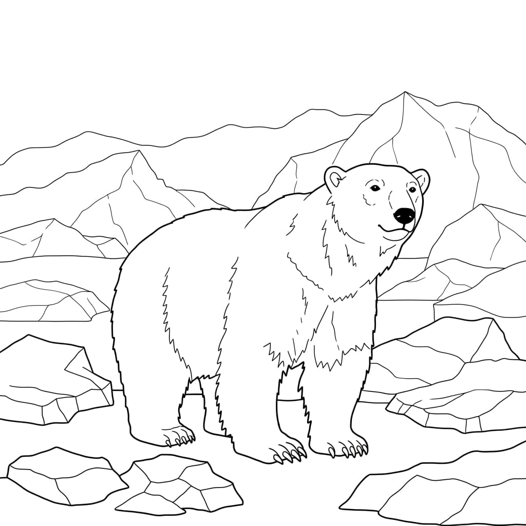 Desenho de um urso polar em frente a montanhas e rochas, pronto para colorir.