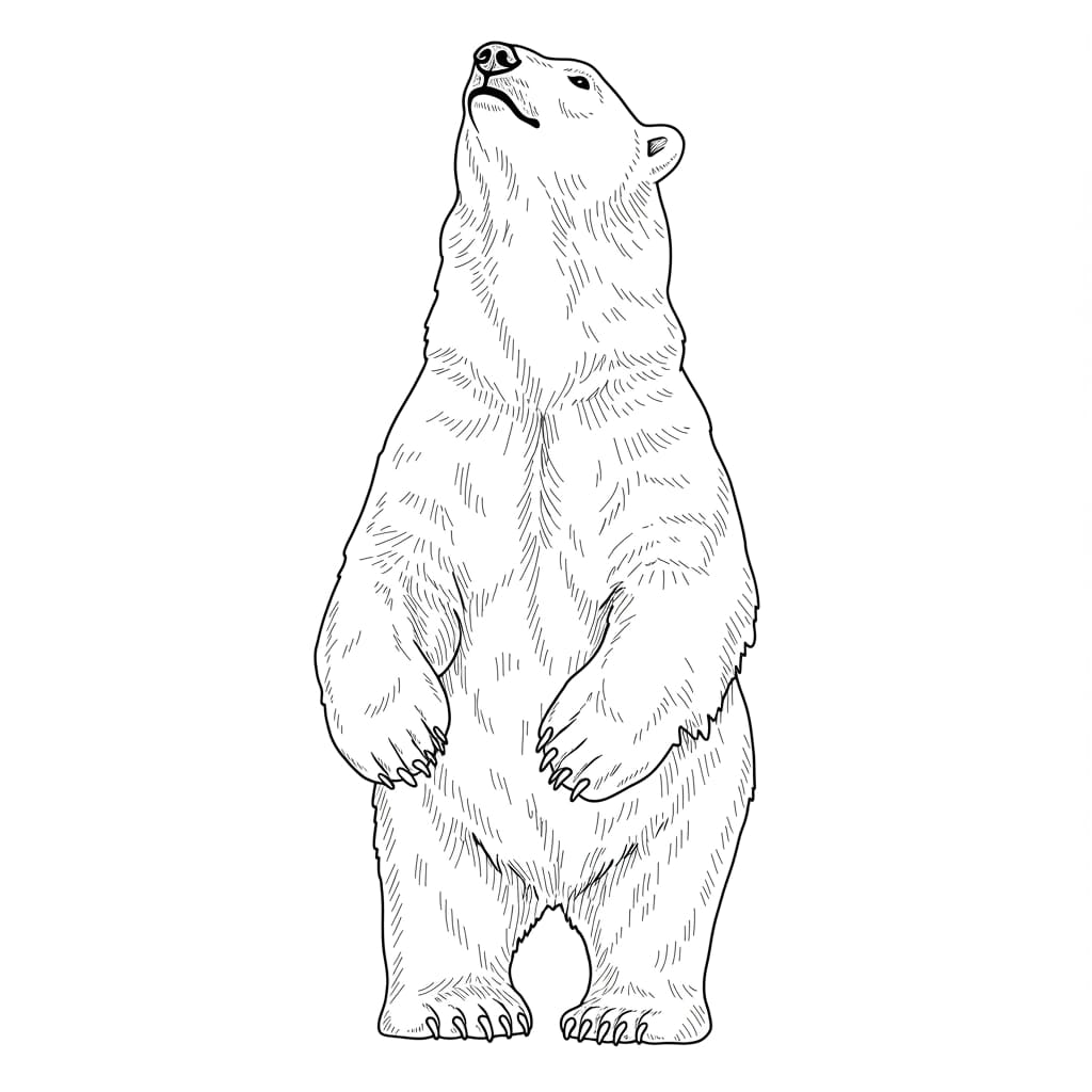 Desenho de um urso polar em pé, olhando para cima, pronto para colorir.