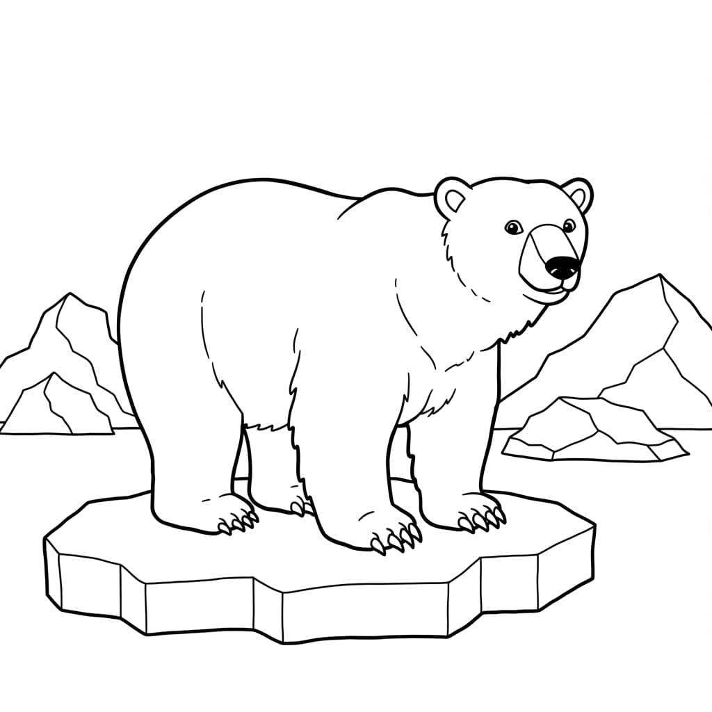 Desenho de um urso polar em pé sobre um bloco de gelo, pronto para colorir.
