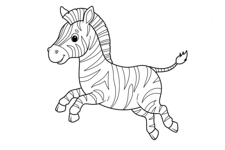 Desenho de uma zebra sorrindo e pulando, pronta para colorir.