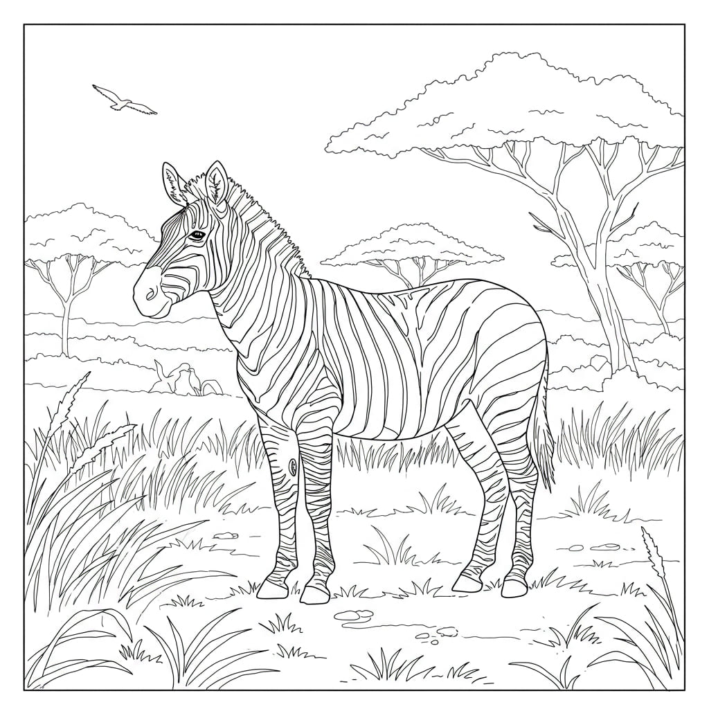 Desenho de uma zebra em pé na savana, pronto para colorir.