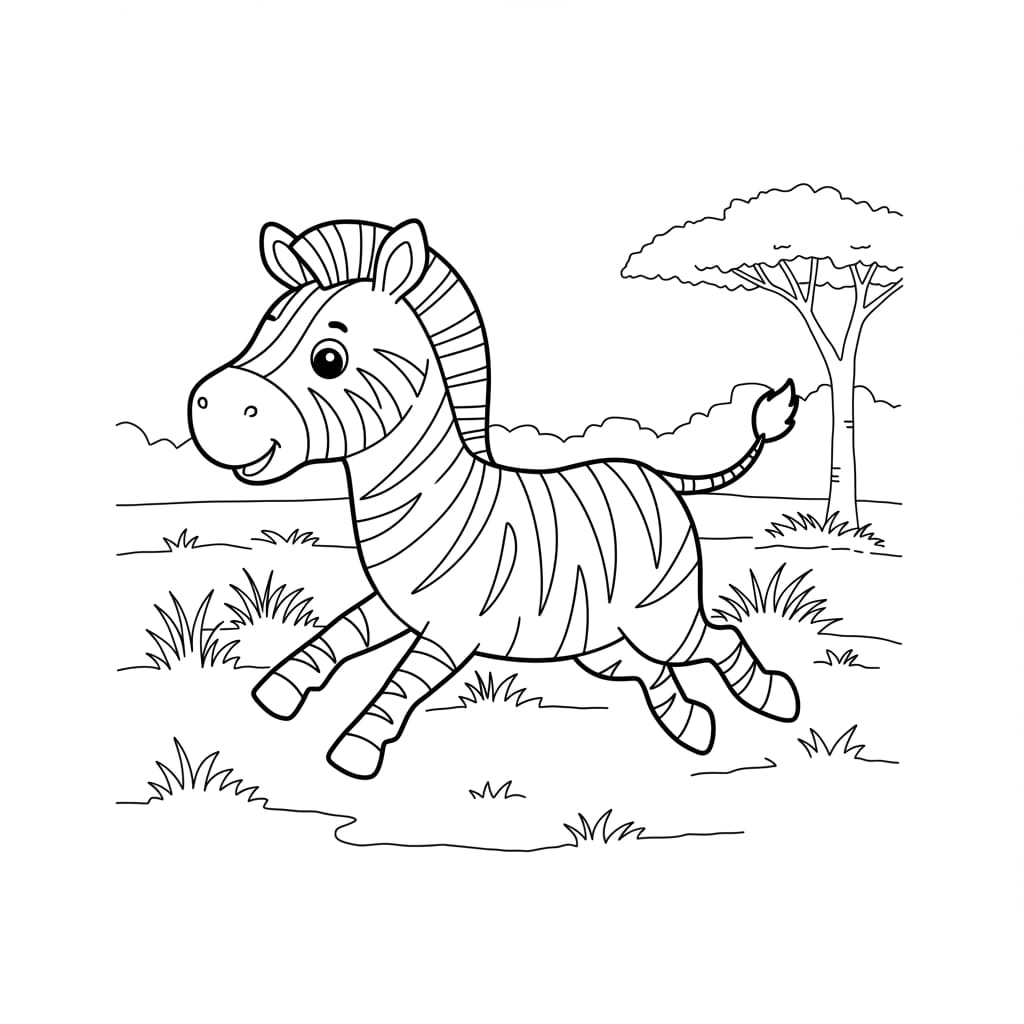 Desenho de uma zebra correndo em um campo com uma árvore ao fundo, pronto para colorir.