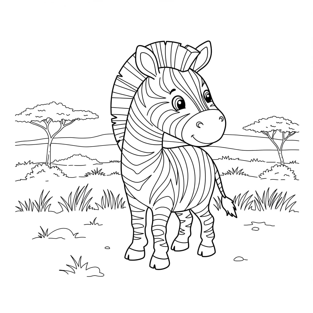Desenho de uma zebra sorrindo em um cenário da savana africana, pronto para colorir.